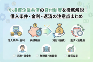 小規模企業共済の貸付制度を視覚的に解説したインフォグラフィック画像。中央に「共済積立」から「貸付（融資）」へと資金が流れるイラストが配置され、「迅速・低金利」「無担保・無審査」「経営安定」といったメリットがアイコンと共に分かりやすく整理されている。