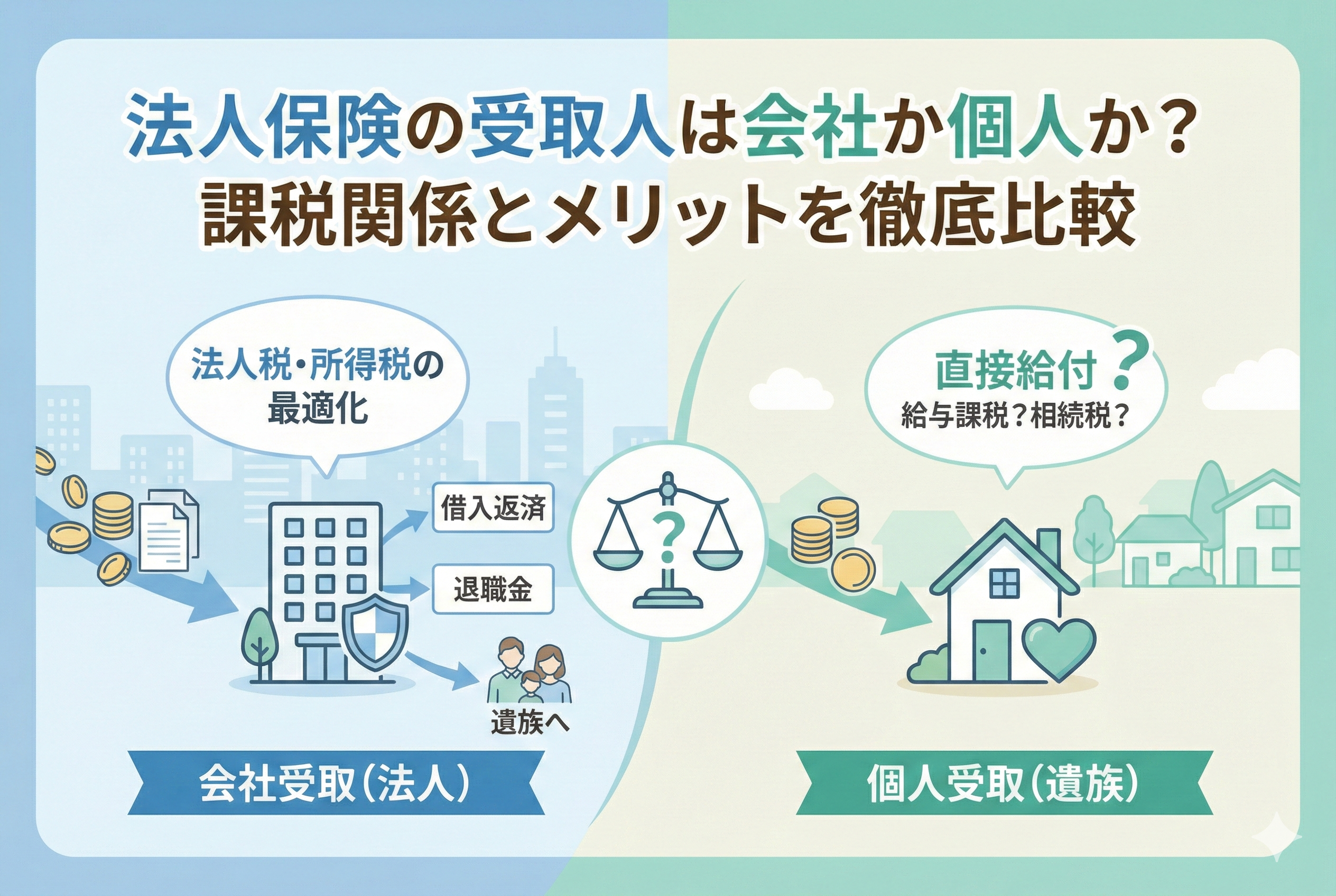 法人保険の受取人を「会社（法人）」にするか「個人（遺族）」にするかを比較したアイキャッチイラスト。タイトル「法人保険の受取人は会社か個人か？課税関係とメリットを徹底比較」の下、左側の「会社受取」では借入返済や退職金への活用と税の最適化メリットを、右側の「個人受取」では直接給付に伴う給与課税や相続税のリスクを、中央の天秤で対比させて表現している。