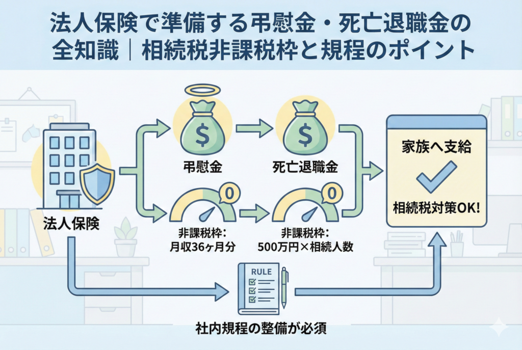 法人保険から弔慰金と死亡退職金を支給するフロー図。弔慰金（非課税枠：月収36ヶ月分）と死亡退職金（非課税枠：500万円×法定相続人数）を組み合わせて家族に支給し、相続税対策を行う仕組みを解説。下部には「社内規程の整備が必須」と強調されており、適切な税務処理と節税のポイントを視覚化している。