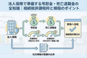 法人保険から弔慰金と死亡退職金を支給するフロー図。弔慰金（非課税枠：月収36ヶ月分）と死亡退職金（非課税枠：500万円×法定相続人数）を組み合わせて家族に支給し、相続税対策を行う仕組みを解説。下部には「社内規程の整備が必須」と強調されており、適切な税務処理と節税のポイントを視覚化している。