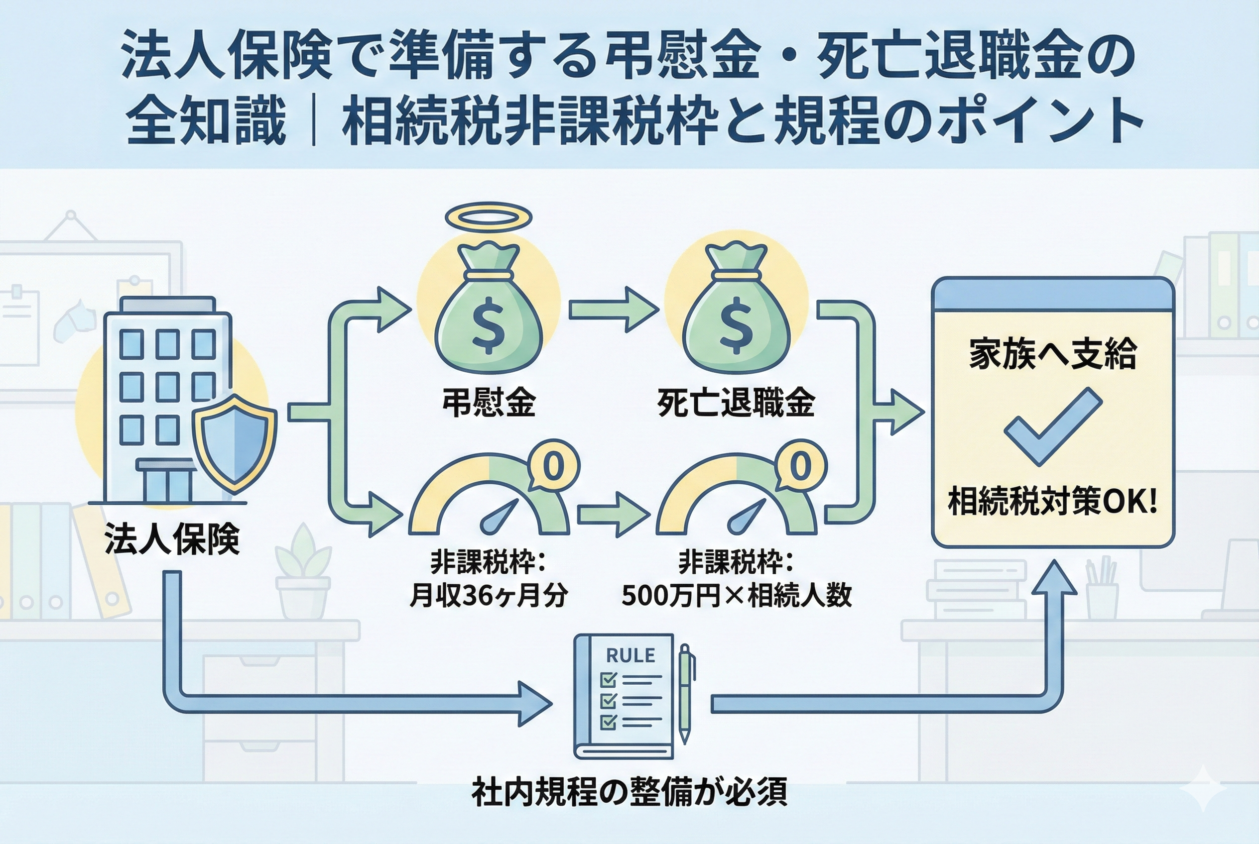 法人保険から弔慰金と死亡退職金を支給するフロー図。弔慰金（非課税枠：月収36ヶ月分）と死亡退職金（非課税枠：500万円×法定相続人数）を組み合わせて家族に支給し、相続税対策を行う仕組みを解説。下部には「社内規程の整備が必須」と強調されており、適切な税務処理と節税のポイントを視覚化している。