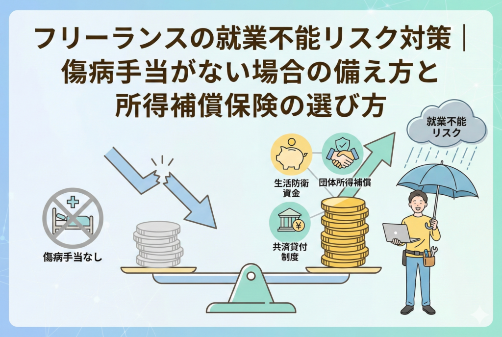 フリーランスが「傷病手当金なし」による無収入リスクに対し、生活防衛資金、団体所得補償、共済貸付制度の3つの備えを天秤に乗せてバランスを取り、雨雲のような就業不能リスクから傘で守られながら安心して仕事をする様子を描いた図解イラスト。