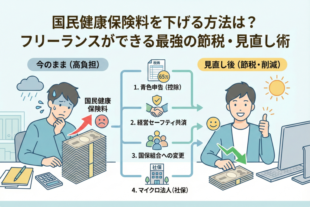 国民健康保険料の高負担に悩むフリーランスが、青色申告65万円控除、経営セーフティ共済、国保組合への変更、マイクロ法人（社保）設立といった4つの見直し術を実行することで、保険料を節税・削減し笑顔になるまでの流れを図解したイラスト。