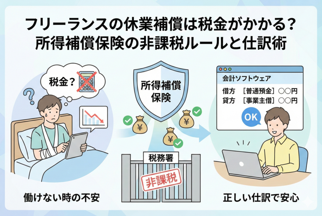 フリーランスが怪我をして働けない不安の中、所得補償保険の給付金を受け取る様子。税務署の門には「非課税」のスタンプが押され、会計ソフトの画面では「借方：普通預金、貸方：事業主借」という正しい仕訳が入力されて安心している様子を描いた解説イラスト。