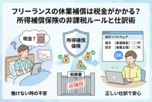 フリーランスが怪我をして働けない不安の中、所得補償保険の給付金を受け取る様子。税務署の門には「非課税」のスタンプが押され、会計ソフトの画面では「借方：普通預金、貸方：事業主借」という正しい仕訳が入力されて安心している様子を描いた解説イラスト。