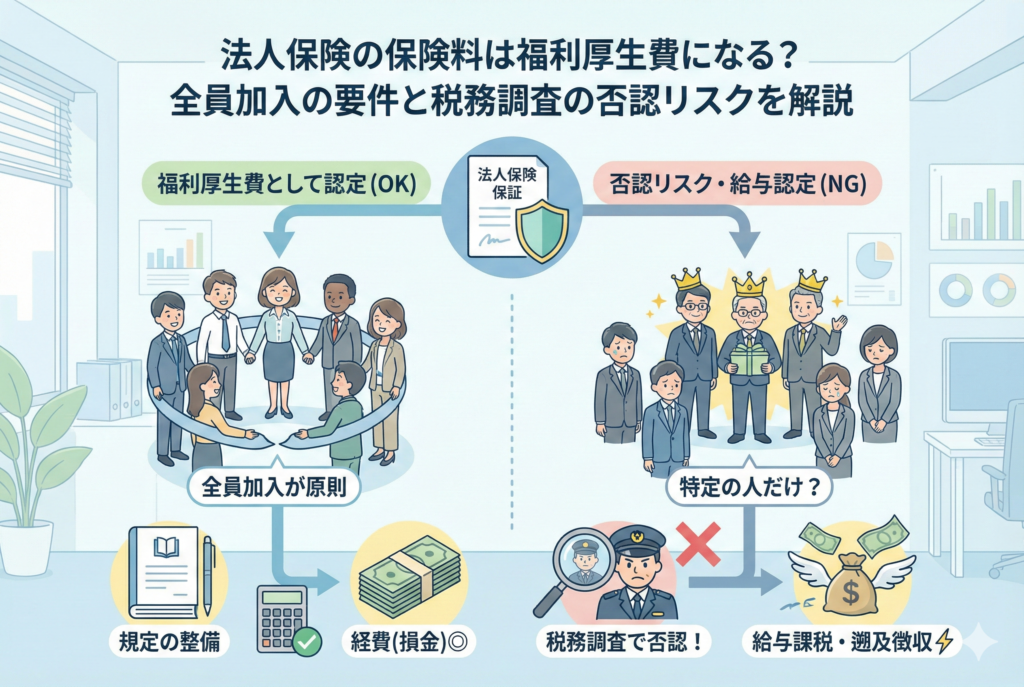 法人保険を福利厚生費として計上するための要件を比較したインフォグラフィック。左側は全従業員が円になって手をつなぐ「全員加入」の様子で「福利厚生費として認定（OK）」、右側は特定の役員のみが優遇され他の従業員が困惑する様子で「否認リスク・給与認定（NG）」と対比されています。下部には規定の整備による経費算入の流れと、税務調査で否認された際の給与課税・遡及徴収のリスクが描かれています。