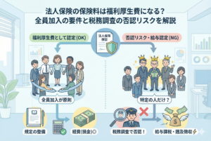 法人保険を福利厚生費として計上するための要件を比較したインフォグラフィック。左側は全従業員が円になって手をつなぐ「全員加入」の様子で「福利厚生費として認定（OK）」、右側は特定の役員のみが優遇され他の従業員が困惑する様子で「否認リスク・給与認定（NG）」と対比されています。下部には規定の整備による経費算入の流れと、税務調査で否認された際の給与課税・遡及徴収のリスクが描かれています。