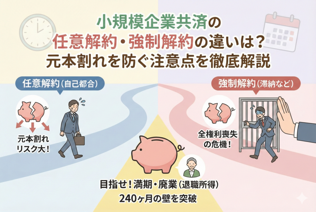 小規模企業共済の「任意解約」と「強制解約」のリスクを比較した図解イラスト。左側に自己都合による任意解約（元本割れリスク）、右側に滞納による強制解約（全権利喪失の危機）が描かれ、中央には240ヶ月（20年）の壁を突破して満期や廃業（退職所得）を目指す理想的なルートが示されている。