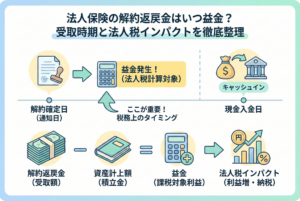 法人保険の解約返戻金が益金（雑収入）として計上されるタイミングと、法人税への影響を解説したインフォグラフィック。上部には「解約確定日（通知日）」に益金が発生し、その後に「現金入金日」が来るタイムラインを、下部には「解約返戻金 － 資産計上額 ＝ 益金」という計算フローと法人税インパクトの関係を視覚的に示しています。