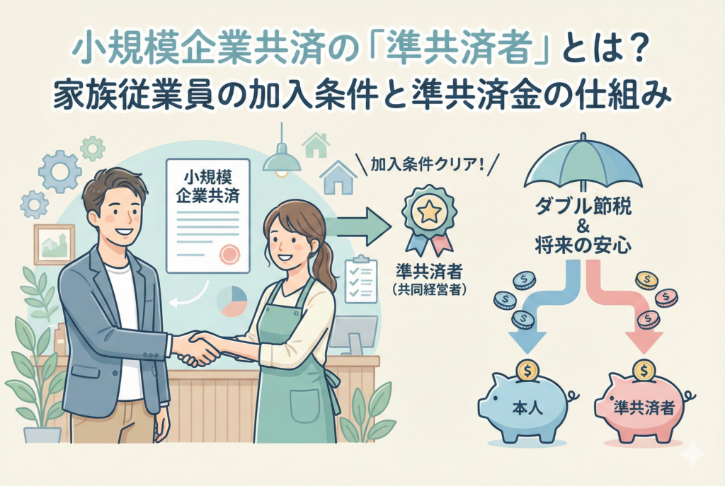 小規模企業共済における家族従業員の「準共済者（共同経営者）」としての加入とメリットを解説したイラスト。経営者と家族が握手し、加入条件をクリアして準共済者となる流れや、夫婦それぞれが掛金を拠出することで「ダブル節税」と「将来の安心」が得られる仕組みが視覚的に分かりやすく描かれている。