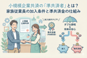 小規模企業共済における家族従業員の「準共済者（共同経営者）」としての加入とメリットを解説したイラスト。経営者と家族が握手し、加入条件をクリアして準共済者となる流れや、夫婦それぞれが掛金を拠出することで「ダブル節税」と「将来の安心」が得られる仕組みが視覚的に分かりやすく描かれている。