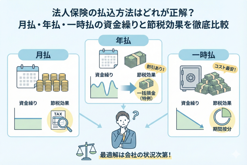 法人保険の3つの払込方法(月払・年払・一時払)を比較したインフォグラフィック。月払は資金繰りの平準化、年払は保険料割引と短期前払費用の特例による一括損金、一時払はコスト最安だが期間按分が必要であることを、グラフとアイコンで図解しています。中央には「最適解は会社の状況次第!」というメッセージが添えられ、経営者が自社に合った選択をするための判断材料を視覚的に提示しています。