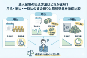 法人保険の3つの払込方法（月払・年払・一時払）を比較したインフォグラフィック。月払は資金繰りの平準化、年払は保険料割引と短期前払費用の特例による一括損金、一時払はコスト最安だが期間按分が必要であることを、グラフとアイコンで図解しています。中央には「最適解は会社の状況次第！」というメッセージが添えられ、経営者が自社に合った選択をするための判断材料を視覚的に提示しています。