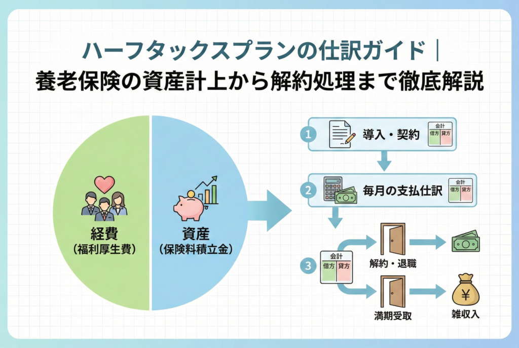 ハーフタックスプラン(養老保険)の仕組みと仕訳の流れを可視化したインフォグラフィック。保険料を『福利厚生費』と『保険料積立金』に半分ずつ分ける円グラフと、導入から満期・解約までの会計処理フローを表現したアイキャッチ画像