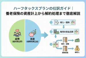 ハーフタックスプラン（養老保険）の仕組みと仕訳の流れを可視化したインフォグラフィック。保険料を『福利厚生費』と『保険料積立金』に半分ずつ分ける円グラフと、導入から満期・解約までの会計処理フローを表現したアイキャッチ画像