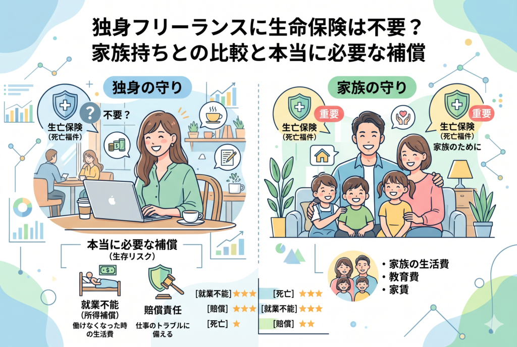 独身フリーランスと家族持ちフリーランスの保険の必要性を対比させたインフォグラフィック。左側は独身女性が仕事をする様子で「死亡保険は不要？」と問いかけ、就業不能や賠償責任といった生存リスクへの備えを強調。右側は家族のイラストで、生活費や教育費のために死亡保険が「重要」であることを示し、それぞれの優先順位を星評価で比較しています。