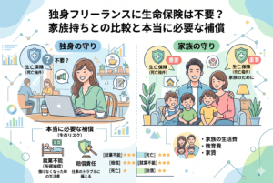 独身フリーランスと家族持ちフリーランスの保険の必要性を対比させたインフォグラフィック。左側は独身女性が仕事をする様子で「死亡保険は不要？」と問いかけ、就業不能や賠償責任といった生存リスクへの備えを強調。右側は家族のイラストで、生活費や教育費のために死亡保険が「重要」であることを示し、それぞれの優先順位を星評価で比較しています。