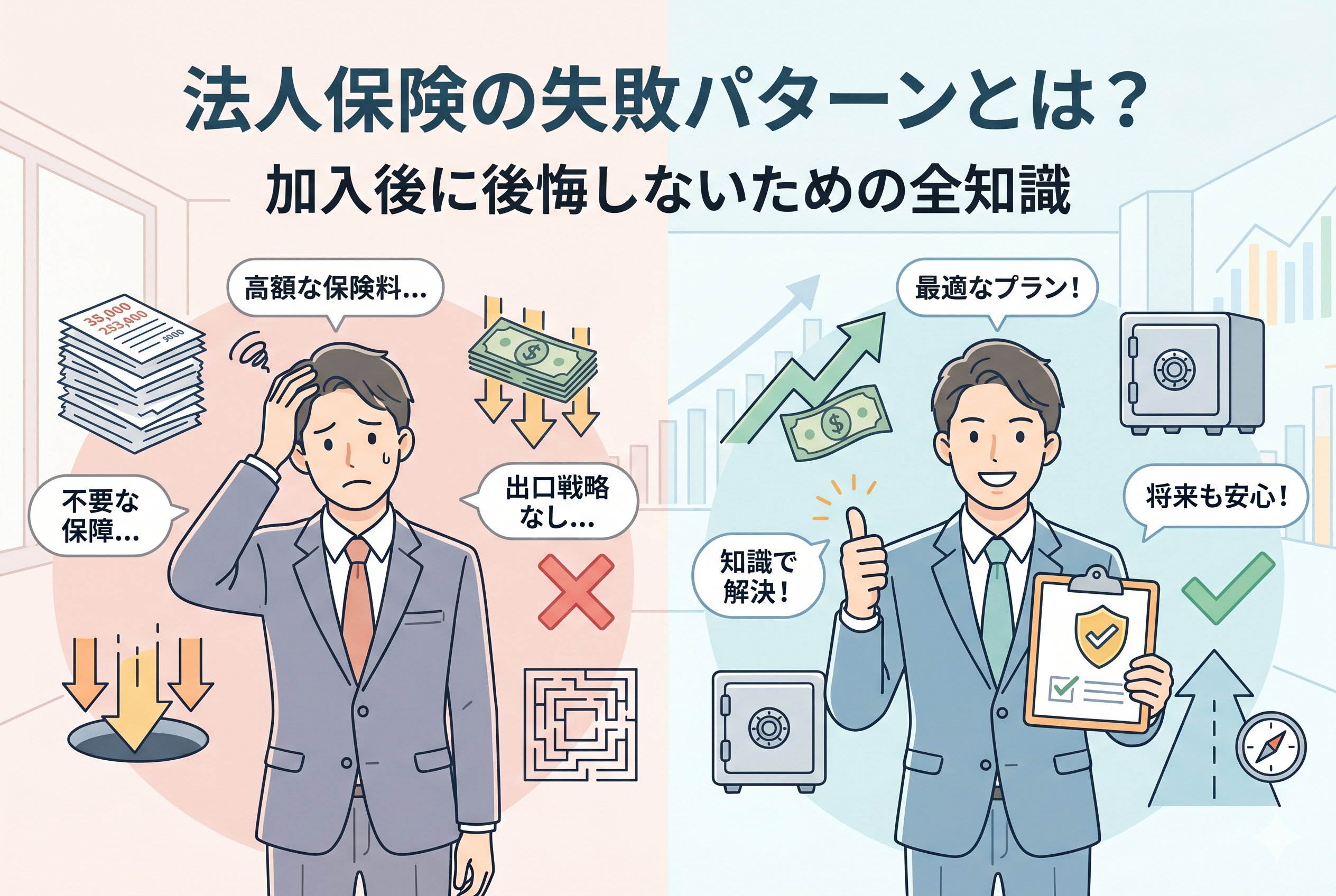 「法人保険の失敗パターンとは?加入後に後悔しないための全知識」という記事のアイキャッチ画像。左側の赤い背景には困り顔の経営者が「高額な保険料…」「不要な保障…」「出口戦略なし…」と悩み、資産が減るイメージ(×印、ブラックホール、迷路)が描かれている。右側の青い背景には笑顔で親指を立てる経営者が「最適なプラン!」「知識で解決!」「将来も安心!」と満足し、資産が増えるイメージ(チェックマーク、グラフ、金庫、コンパス)が描かれ、対比されている。清潔感のある親しみやすいビジネスイラスト。