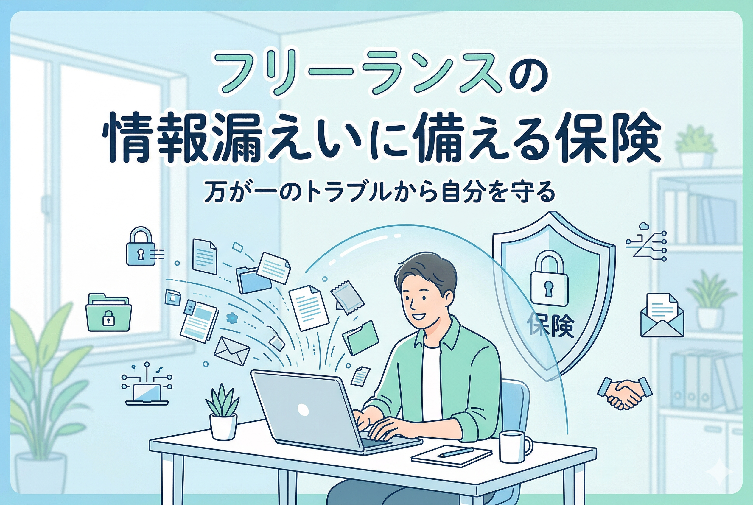 デスクでノートパソコン作業をするフリーランス男性の周囲に、飛び出すデータファイル（情報漏えいのリスク）と、それを保護する「保険」と書かれた盾のイラストが描かれたアイキャッチ画像。上部に記事タイトル「フリーランスの情報漏えいに備える保険」とサブタイトル「万が一のトラブルから自分を守る」が配置されている。
