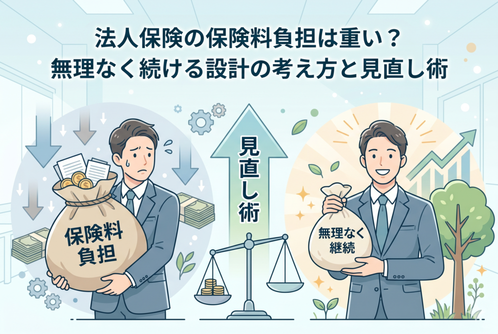 法人保険の保険料負担に苦しむ経営者と、見直しによって無理なく継続できるようになった経営者の姿を対比させたイラスト。左側には「保険料負担」と書かれた重い袋を抱えて困惑する姿、右側には「無理なく継続」と書かれた適正なサイズの袋を持ち笑顔で立つ姿が描かれています。中央には天秤と「見直し術」と書かれた上昇矢印が配置され、財務状況に合わせた改善の重要性を表現しています。