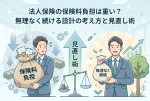 法人保険の保険料負担に苦しむ経営者と、見直しによって無理なく継続できるようになった経営者の姿を対比させたイラスト。左側には「保険料負担」と書かれた重い袋を抱えて困惑する姿、右側には「無理なく継続」と書かれた適正なサイズの袋を持ち笑顔で立つ姿が描かれています。中央には天秤と「見直し術」と書かれた上昇矢印が配置され、財務状況に合わせた改善の重要性を表現しています。