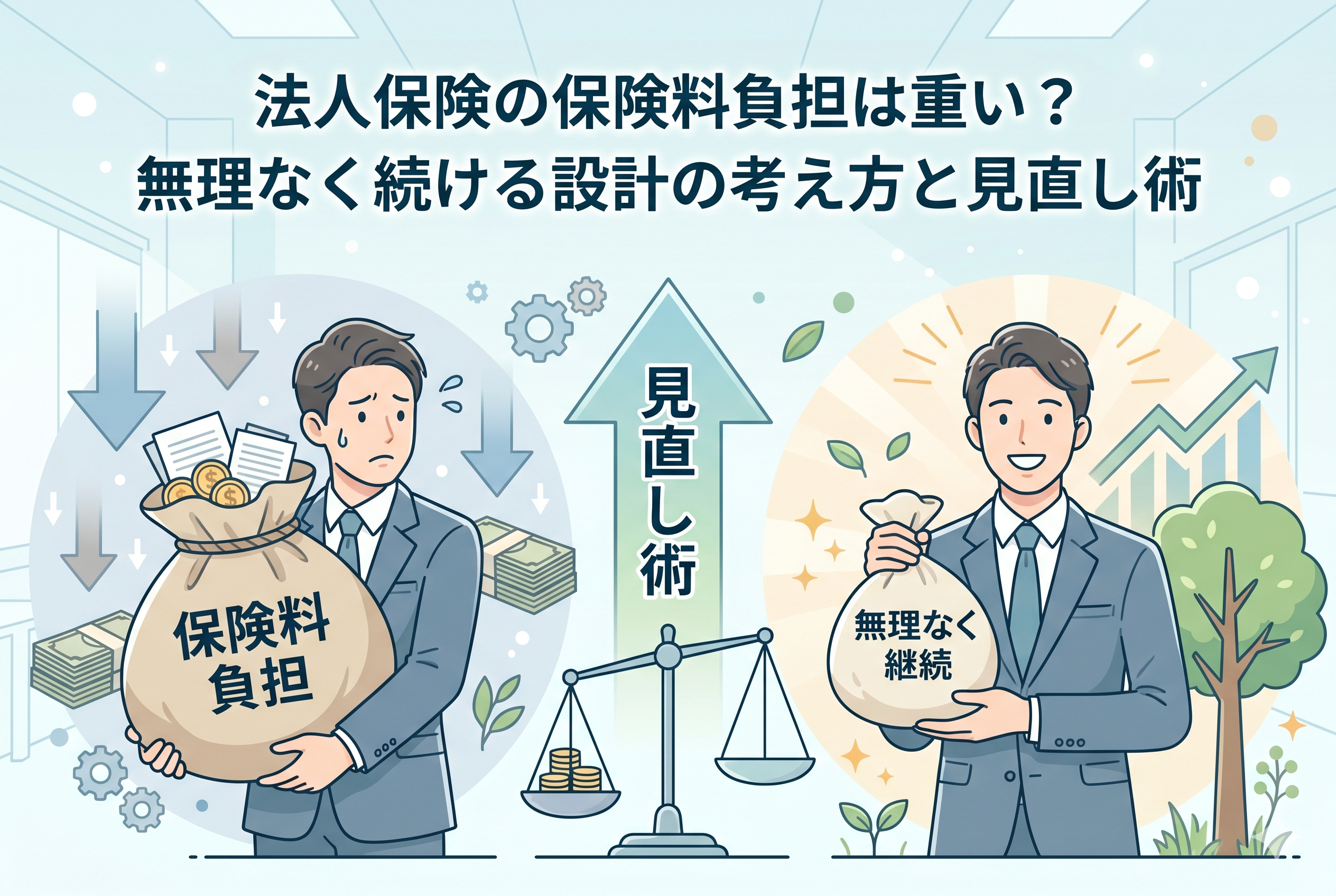 法人保険の保険料負担に苦しむ経営者と、見直しによって無理なく継続できるようになった経営者の姿を対比させたイラスト。左側には「保険料負担」と書かれた重い袋を抱えて困惑する姿、右側には「無理なく継続」と書かれた適正なサイズの袋を持ち笑顔で立つ姿が描かれています。中央には天秤と「見直し術」と書かれた上昇矢印が配置され、財務状況に合わせた改善の重要性を表現しています。