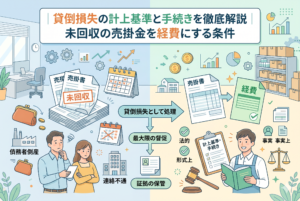 未回収の売掛金を「貸倒損失」として経費にするための要件を解説したインフォグラフィック画像。左側には取引先の倒産や連絡不通、未回収の請求書に悩む経営者の姿が描かれ、中央では最大限の督促や証拠保管といったプロセスが示されています。右側では、法的・形式的・事実上の3つの基準をクリアし、未回収金が「経費」へと正しく処理される流れを、笑顔の専門家と天秤のイラストで清潔感のあるデザインにまとめています。