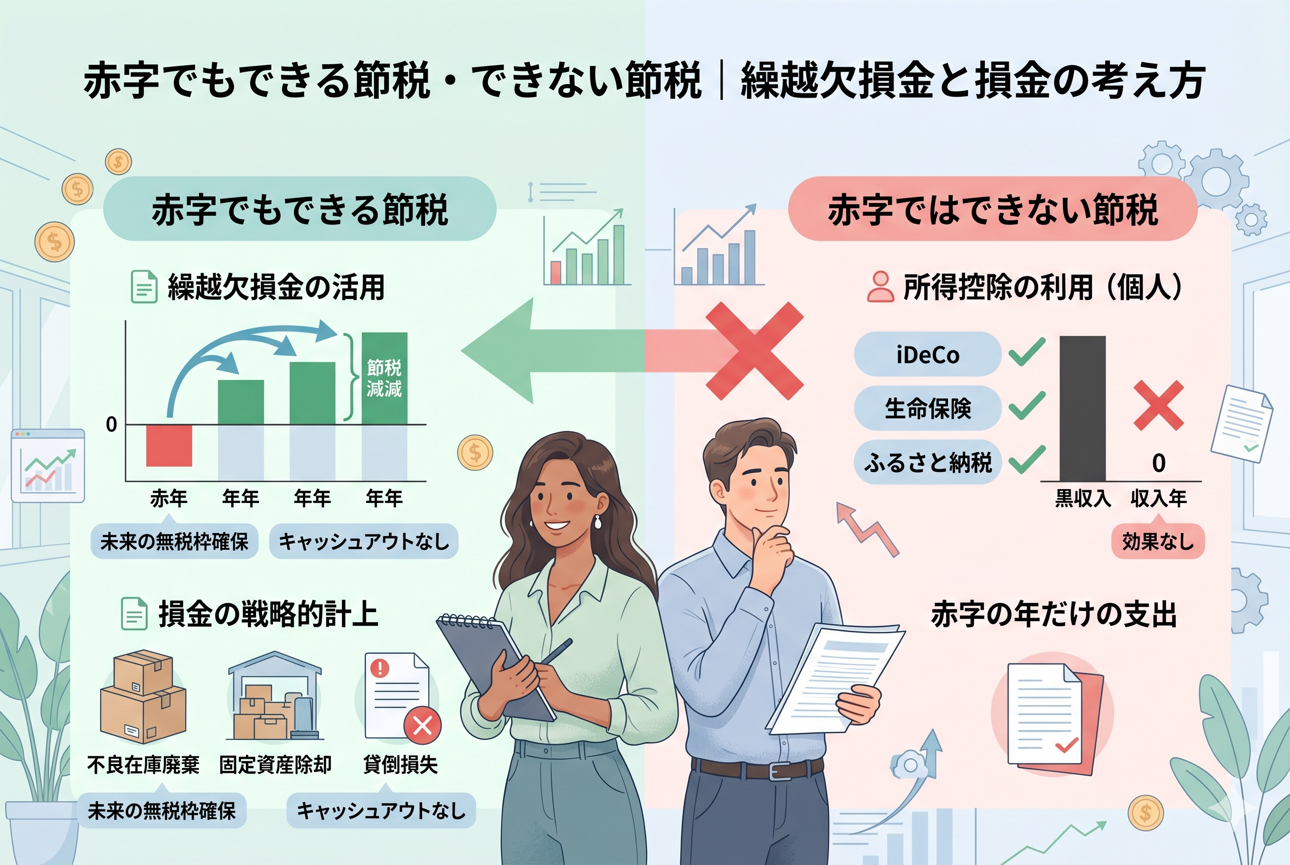 赤字決算における「できる節税」と「できない節税」を対比させたインフォグラフィック。左側には繰越欠損金の活用や不良在庫の廃棄など、将来の黒字と相殺して税金を減らす戦略が描かれ、右側には所得がゼロだと効果がないiDeCoやふるさと納税などの項目にバツ印が付いています。中央では男女のビジネスパーソンが損益グラフを分析し、未来のキャッシュ最大化を検討している様子を表現した、清潔感のある精緻なデザインです。