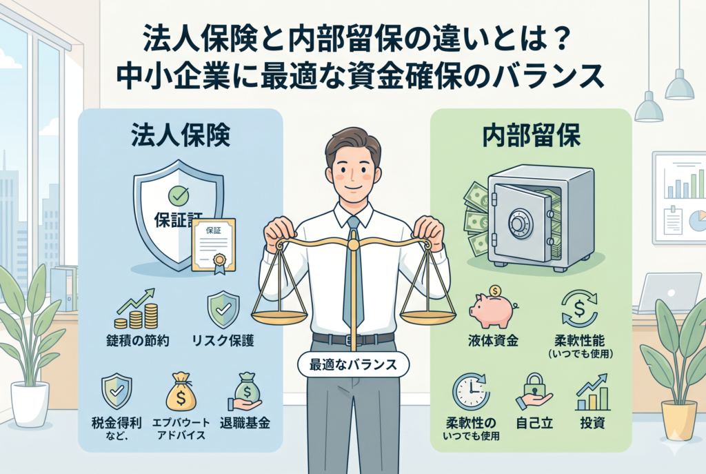 「法人保険と内部留保の違いとは? 中小企業に最適な資金確保のバランス」というタイトルのインフォグラフィック画像。中央に天秤を持つビジネスマンが立ち、天秤は左右対称で「最適なバランス」を示している。左側の青いパネルには法人保険のメリットとして「リスク保護」「税制優遇」「退職金準備」などがアイコンと日本語テキストで説明され、右側の緑色のパネルには内部留保のメリットとして「流動性資金(液体資金)」「資金の柔軟性」「将来への投資」などが説明されている。明るいオフィスを背景に、両者の比較が視覚的にわかりやすくまとめられている。
