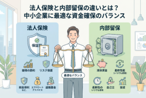 「法人保険と内部留保の違いとは？ 中小企業に最適な資金確保のバランス」というタイトルのインフォグラフィック画像。中央に天秤を持つビジネスマンが立ち、天秤は左右対称で「最適なバランス」を示している。左側の青いパネルには法人保険のメリットとして「リスク保護」「税制優遇」「退職金準備」などがアイコンと日本語テキストで説明され、右側の緑色のパネルには内部留保のメリットとして「流動性資金（液体資金）」「資金の柔軟性」「将来への投資」などが説明されている。明るいオフィスを背景に、両者の比較が視覚的にわかりやすくまとめられている。