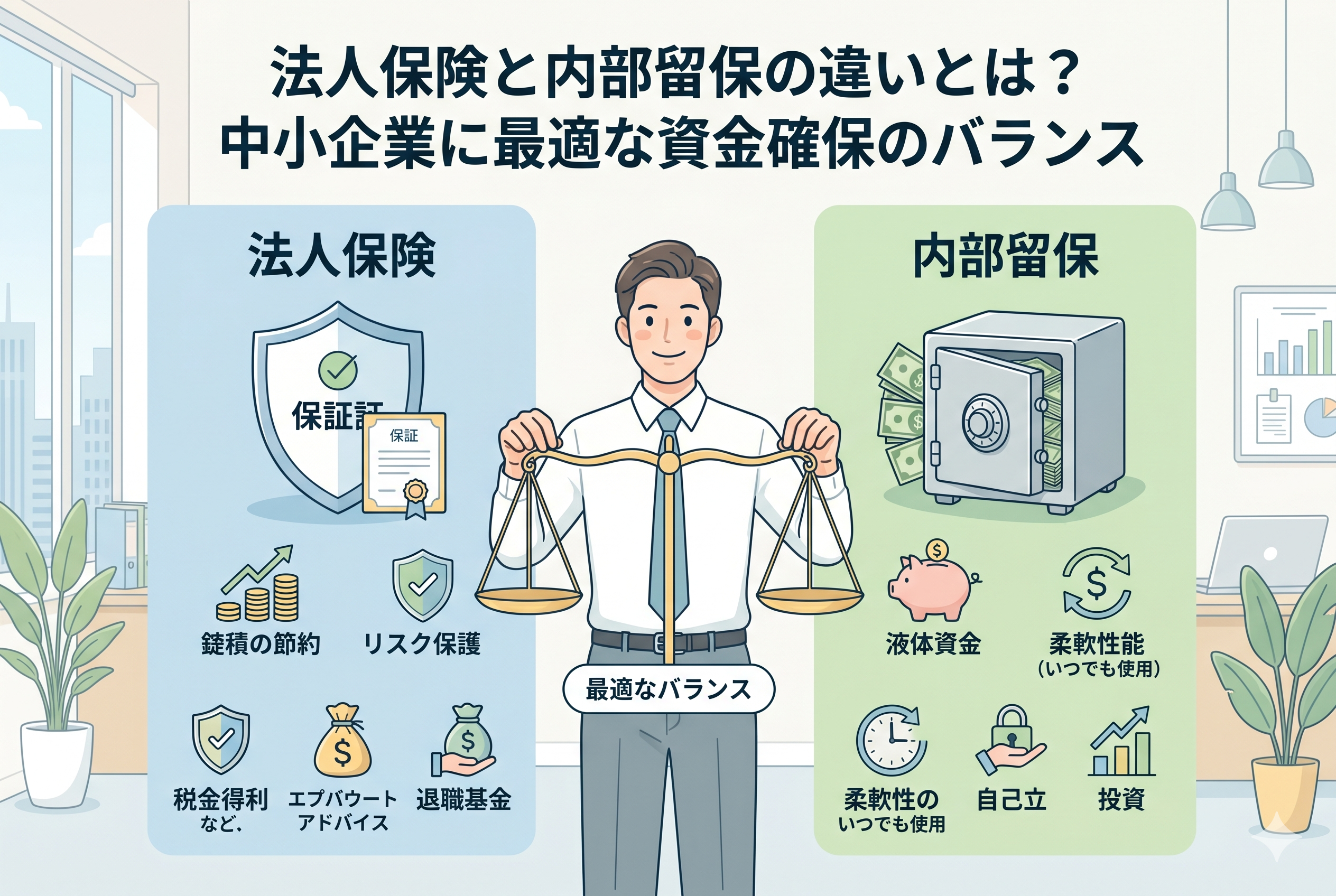 「法人保険と内部留保の違いとは? 中小企業に最適な資金確保のバランス」というタイトルのインフォグラフィック画像。中央に天秤を持つビジネスマンが立ち、天秤は左右対称で「最適なバランス」を示している。左側の青いパネルには法人保険のメリットとして「リスク保護」「税制優遇」「退職金準備」などがアイコンと日本語テキストで説明され、右側の緑色のパネルには内部留保のメリットとして「流動性資金(液体資金)」「資金の柔軟性」「将来への投資」などが説明されている。明るいオフィスを背景に、両者の比較が視覚的にわかりやすくまとめられている。