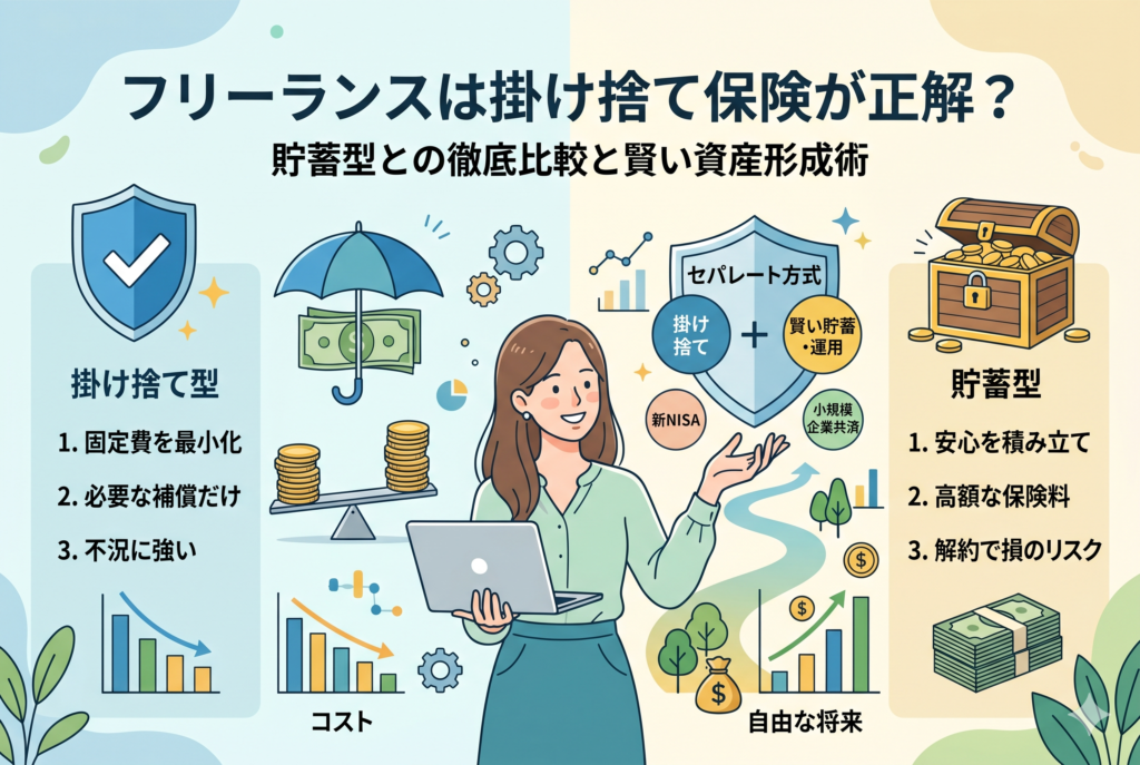 フリーランスの保険選びにおける「掛け捨て型」と「貯蓄型」を対比させたインフォグラフィック。左側には掛け捨て型のメリット(固定費最小化・不況に強い)、右側には貯蓄型の特徴(高額な保険料・解約時のリスク)を配置。中央では、掛け捨て保険に新NISAや小規模企業共済を組み合わせる「セパレート方式」が自由な将来へ繋がる様子を表現しています。