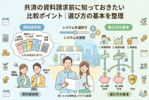 中小企業経営者やフリーランス向けの共済制度の比較と選び方を解説したインフォグラフィック。「共済の資料請求前に知っておきたい比較ポイント｜選び方の基本を整理」というタイトルの下、自分たちの状況に合わせて制度を選択・調整する様子が描かれている。左側の「資料請求前」セクションでは、男女のビジネスパーソンが小規模企業共済、経営セーフティ共済、iDeCo、中退共、民間保険といった多様な選択肢を前に「どれが自分に合う？」と悩んでいる。中央ではスライダーで「システムを選択・調整」し、笑顔のカップルが営む小さな店舗（飲料店や工業室の例）の将来を見据えている。右側の「選び方の基本」セクションでは、所得税率、経営利益、現預金の3つのポイントを挙げ、それらに基づいて将来の退職金（加入期間20年、15年の貯金箱）や会社の資産（10年の盾）を形成するお金の流れを図解している。節税、退職金準備、会社の守りといった目的を視覚的に整理している。