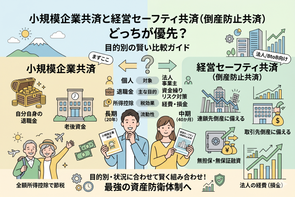 小規模企業共済と経営セーフティ共済（倒産防止共済）の決定的な違いを比較したインフォグラフィック。左側には「個人の退職金・老後資金」を目的とした長期的な積立のメリット、右側には「法人の連鎖倒産防止・資金繰り対策」を目的とした中期的なリスクヘッジのメリットが整理されています。中央で男女の経営者が検討している様子を描いた、清潔感のある精緻なイラストデザインです。