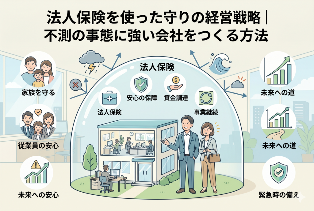 「法人保険を使った守りの経営戦略|不測の事態に強い会社をつくる方法」というタイトルのアイキャッチ画像。中央にはドーム状の「法人保険」の保障に守られたオフィスと笑顔の経営者が描かれ、雷雨やトラブルなどの不測の事態を遮っている。ドーム内には「安心の保障」「資金調達」「事業継続」のアイコン。周囲には「家族を守る」「従業員の安心」「未来への道」「緊急時の備え」など、法人保険活用によるメリットが図解されている。