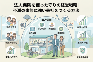 「法人保険を使った守りの経営戦略｜不測の事態に強い会社をつくる方法」というタイトルのアイキャッチ画像。中央にはドーム状の「法人保険」の保障に守られたオフィスと笑顔の経営者が描かれ、雷雨やトラブルなどの不測の事態を遮っている。ドーム内には「安心の保障」「資金調達」「事業継続」のアイコン。周囲には「家族を守る」「従業員の安心」「未来への道」「緊急時の備え」など、法人保険活用によるメリットが図解されている。