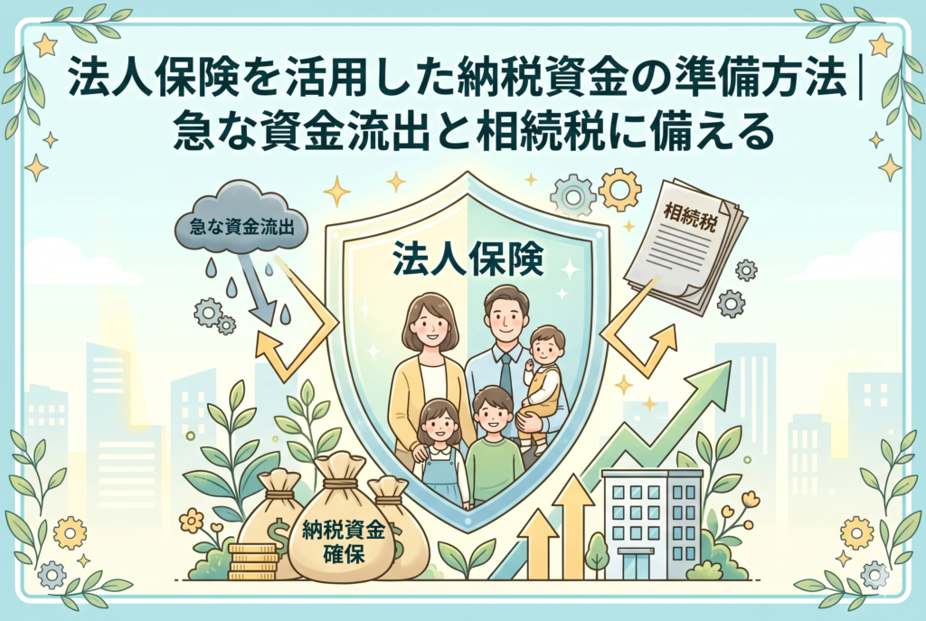 「法人保険を活用した納税資金の準備方法|急な資金流出と相続税に備える」という記事タイトルのアイキャッチ画像。「法人保険」と書かれた大きな盾が、笑顔の経営者とその家族、そして会社ビルを守っている。盾の下には「納税資金確保」と書かれたお金の袋があり、盾が外側の「急な資金流出」や「相続税」といったリスクを防いでいる様子を表現した、親しみやすく精緻なイラスト。