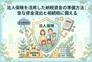 「法人保険を活用した納税資金の準備方法｜急な資金流出と相続税に備える」という記事タイトルのアイキャッチ画像。「法人保険」と書かれた大きな盾が、笑顔の経営者とその家族、そして会社ビルを守っている。盾の下には「納税資金確保」と書かれたお金の袋があり、盾が外側の「急な資金流出」や「相続税」といったリスクを防いでいる様子を表現した、親しみやすく精緻なイラスト。
