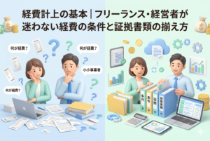 「経費計上の基本｜フリーランス・経営者が迷わない経費の条件と証拠書類の揃え方」という見出しが入った比較イラスト。左側には山積みの領収書を前に「何が経費？」と悩む男女の姿、右側には「条件」や「証拠書類」と書かれたファイルやデジタルツールを使いこなし、笑顔で整理を行う男女の姿が対比して描かれた、清潔感のある3Dイラスト。