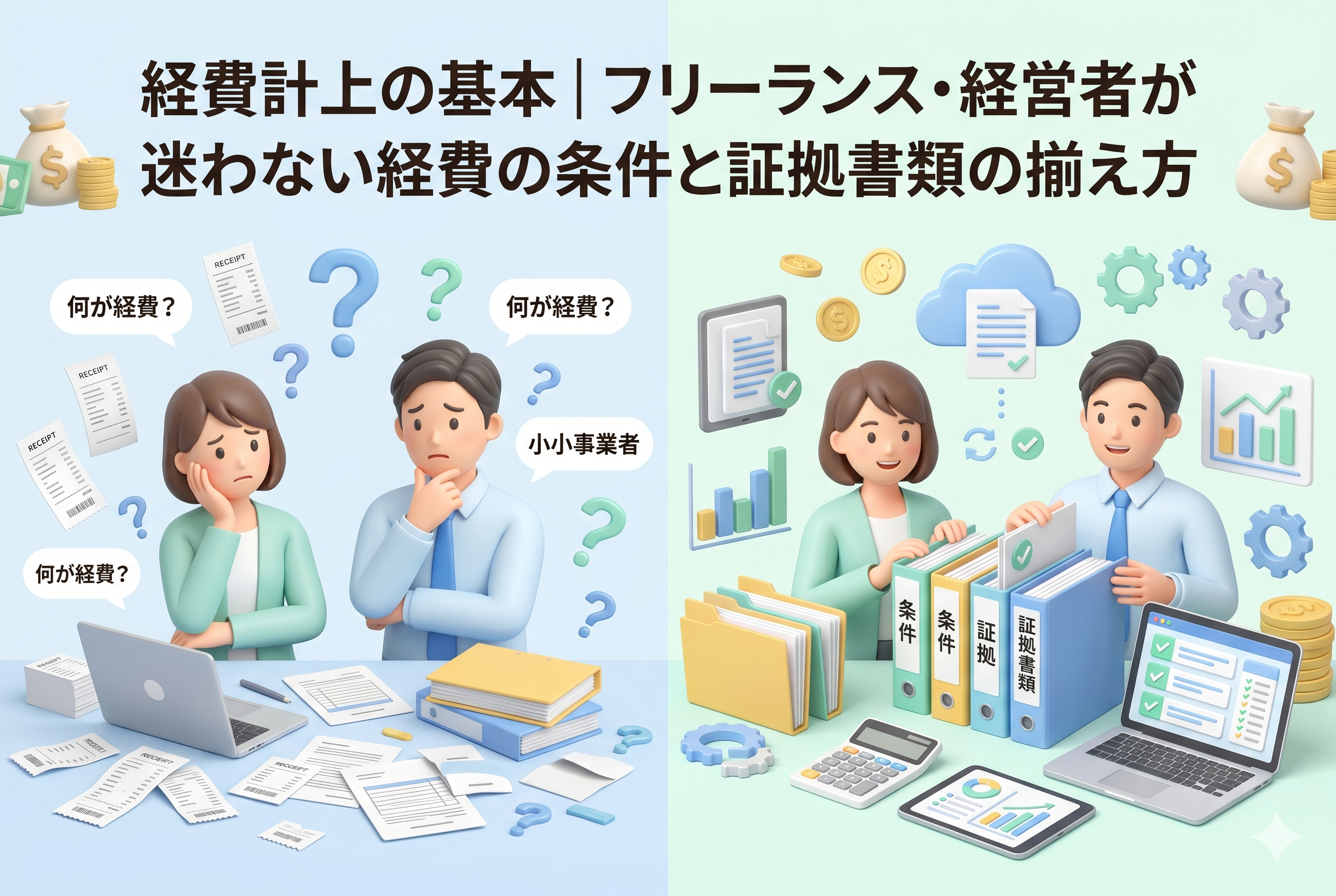 「経費計上の基本｜フリーランス・経営者が迷わない経費の条件と証拠書類の揃え方」という見出しが入った比較イラスト。左側には山積みの領収書を前に「何が経費？」と悩む男女の姿、右側には「条件」や「証拠書類」と書かれたファイルやデジタルツールを使いこなし、笑顔で整理を行う男女の姿が対比して描かれた、清潔感のある3Dイラスト。