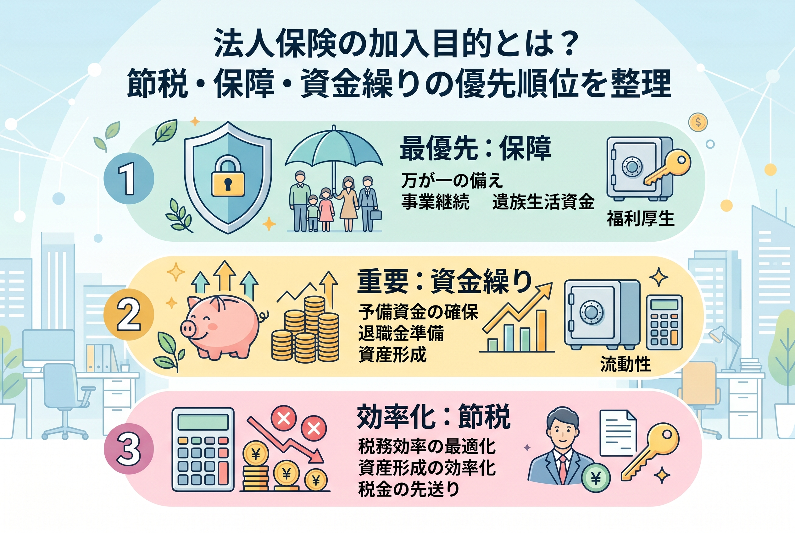 法人保険の加入目的を3つの優先順位で解説するインフォグラフィック画像。上から「1. 最優先:保障(万が一の備え、事業継続、遺族生活資金、福利厚生)」、「2. 重要:資金繰り(予備資金の確保、退職金準備、資産形成、流動性)」、「3. 効率化:節税(税務効率の最適化、資産形成の効率化、税金の先送り)」と、各ステップの優先度と具体的な役割をイラスト付きで論理的に整理しています。