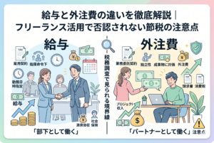「給与と外注費の違いを徹底解説｜フリーランス活用で否認されない節税の注意点」というタイトルが付いたインフォグラフィック。中央の「税務調査で見られる境界線」という見出しを境に、左側は「雇用契約」「指揮命令下」「勤務日時指定」などに基づく「給与（部下として働く）」の特徴を、右側は「業務委託契約」「独立性」「成果物に対価」などに基づく「外注費（パートナーとして働く）」の特徴を、それぞれのイラスト、アイコン、テキストで対比させています。右下には注意を促す警告マークもあります。