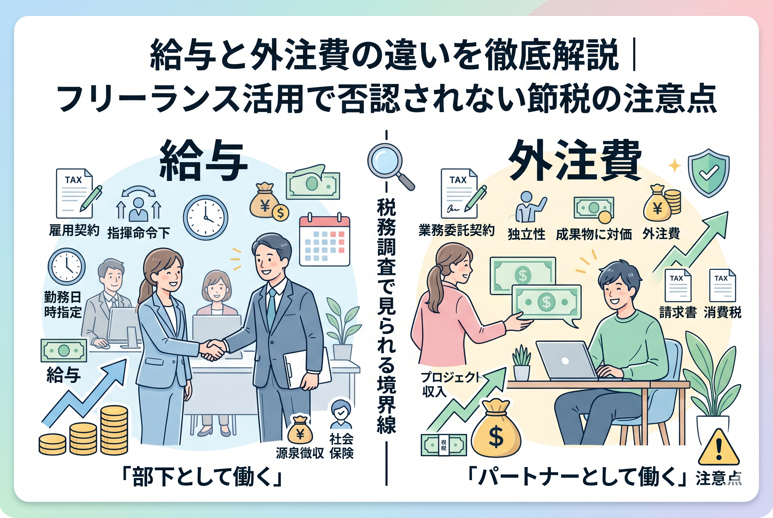 「給与と外注費の違いを徹底解説|フリーランス活用で否認されない節税の注意点」というタイトルが付いたインフォグラフィック。中央の「税務調査で見られる境界線」という見出しを境に、左側は「雇用契約」「指揮命令下」「勤務日時指定」などに基づく「給与(部下として働く)」の特徴を、右側は「業務委託契約」「独立性」「成果物に対価」などに基づく「外注費(パートナーとして働く)」の特徴を、それぞれのイラスト、アイコン、テキストで対比させています。右下には注意を促す警告マークもあります。