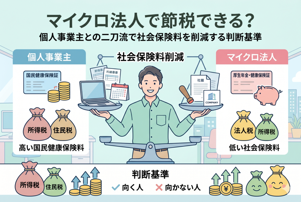 マイクロ法人設立による節税と社会保険料削減をテーマにしたインフォグラフィック。中央の天秤で「個人事業主」と「マイクロ法人」を比較している。左側の個人事業主は、高い所得税、住民税、国民健康保険料の袋を負担。右側のマイクロ法人は、法人税、所得税の袋が小さく、低い社会保険料（厚生年金・健康保険証）でブタの貯金箱がある。中央には「社会保険料削減」、下部には「判断基準 ✓向く人 ×向かない人」のテキストがあり、二刀流による社保料削減を解説している。