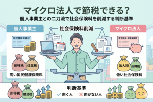 マイクロ法人設立による節税と社会保険料削減をテーマにしたインフォグラフィック。中央の天秤で「個人事業主」と「マイクロ法人」を比較している。左側の個人事業主は、高い所得税、住民税、国民健康保険料の袋を負担。右側のマイクロ法人は、法人税、所得税の袋が小さく、低い社会保険料（厚生年金・健康保険証）でブタの貯金箱がある。中央には「社会保険料削減」、下部には「判断基準 ✓向く人 ×向かない人」のテキストがあり、二刀流による社保料削減を解説している。
