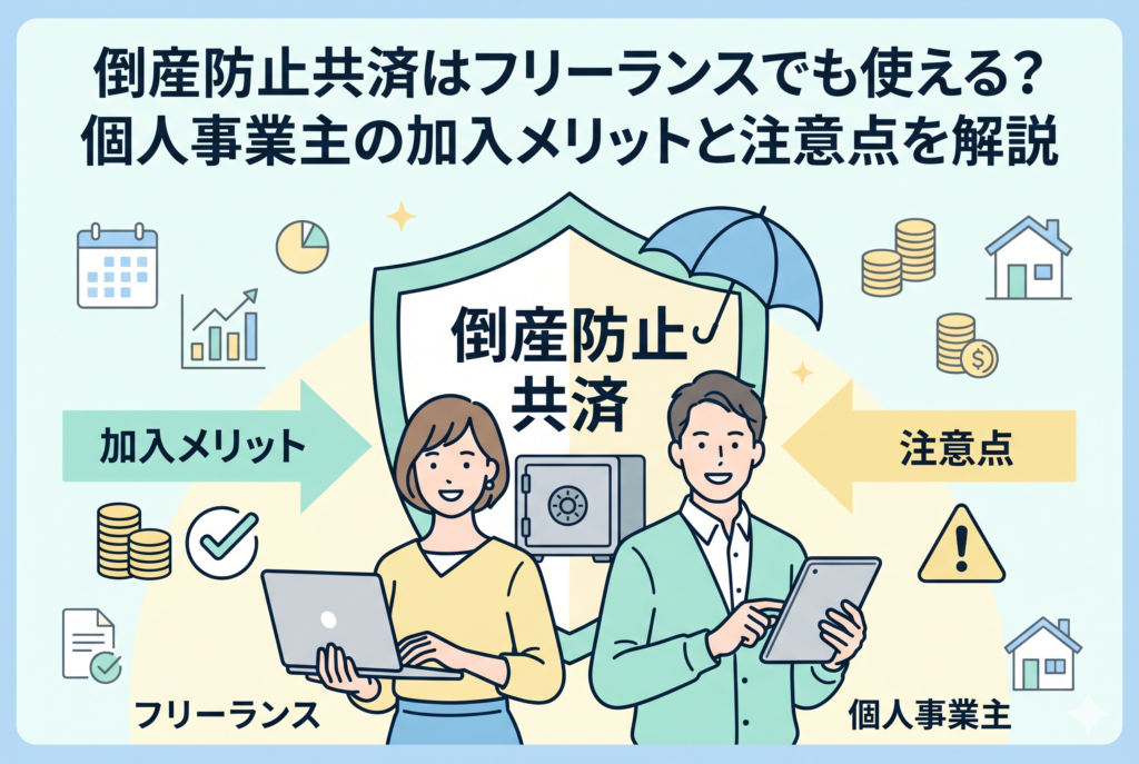 倒産防止共済(経営セーフティ共済)がフリーランスや個人事業主でも利用可能であることを示す解説図。男女のビジネスパーソンがパソコンやタブレットを持ち、中央の「倒産防止共済」と書かれた盾を囲んで、加入メリット(節税・保障)と注意点を比較検討している様子を、清潔感のあるイラストで図解しています。
