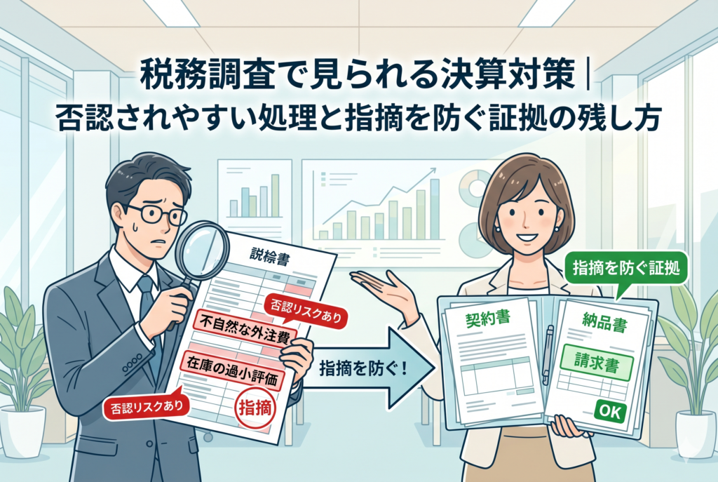 税務調査官が不自然な外注費や在庫の過小評価を厳しくチェックする様子と、経営者が契約書・納品書・請求書などの証拠書類を提示して適切に対応する様子を対比させたインフォグラフィック。調査で否認されやすいリスクのある不適切な処理と、指摘を防ぐためのエビデンス(証拠)の重要性を視覚的に解説した、清潔感のある精緻なデザインです。