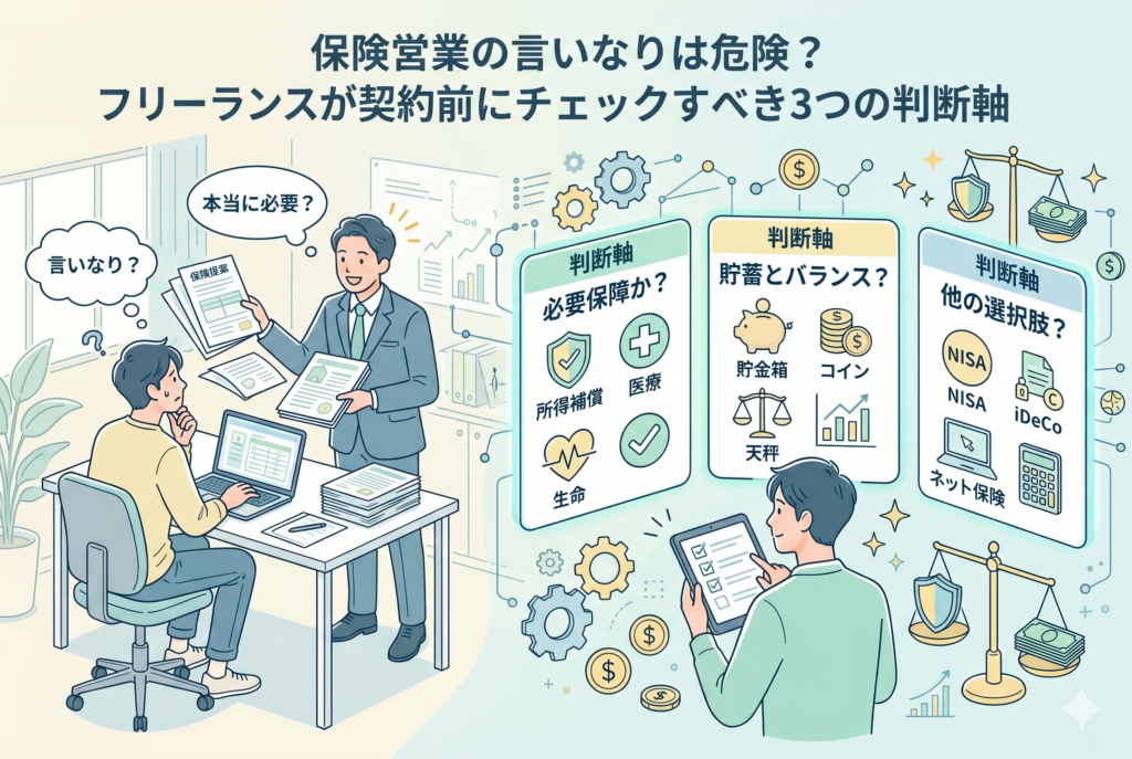 保険営業から熱心な提案を受けるフリーランスの男性が、手元のパソコンや資料を照らし合わせながら慎重に検討している様子を描いたイラスト。右側には契約を判断するための3つの軸として「必要保障か?(所得補償・医療・生命)」「貯蓄とバランス?(貯金箱・天秤)」「他の選択肢?(NISA・iDeCo・ネット保険)」が分かりやすく図解されています。営業担当者の言いなりにならず、自立した経営者としてリスクを評価する重要性を表現したインフォグラフィック。