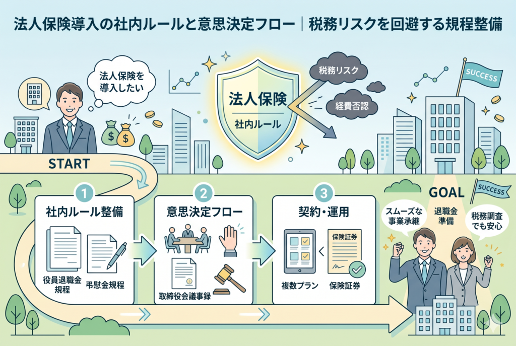 「法人保険導入の社内ルールと意思決定フロー|税務リスクを回避する規程整備」という記事の内容を図解したインフォグラフィック。左から「1. 社内ルール整備(役員退職金規程・弔慰金規程)」「2. 意思決定フロー(取締役会議事録)」「3. 契約・運用(複数プラン比較)」という3ステップのロードマップが描かれている。中央の「法人保険」の盾が社内ルールによって税務リスクや経費否認をブロックしており、最終的なゴールとして事業承継や退職金準備の成功をイメージした、清潔感のあるビジネスイラスト。