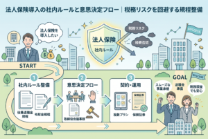「法人保険導入の社内ルールと意思決定フロー｜税務リスクを回避する規程整備」という記事の内容を図解したインフォグラフィック。左から「1. 社内ルール整備（役員退職金規程・弔慰金規程）」「2. 意思決定フロー（取締役会議事録）」「3. 契約・運用（複数プラン比較）」という3ステップのロードマップが描かれている。中央の「法人保険」の盾が社内ルールによって税務リスクや経費否認をブロックしており、最終的なゴールとして事業承継や退職金準備の成功をイメージした、清潔感のあるビジネスイラスト。